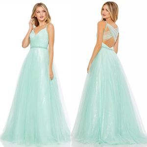 Mac Duggal 67565 Size 8 Mint Green Tulle Sequin Beaded Ballgown Long Gown Dress